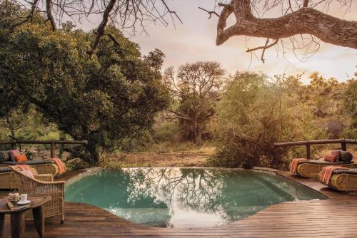 uma piscina com uma mesa e um deque de madeira em Tuningi Safari Lodge em Madikwe Game Reserve
