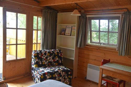 Cette chambre comprend une chaise, un bureau et des fenêtres. dans l'établissement Countryside Eco Natuurhuisjes, à Ee