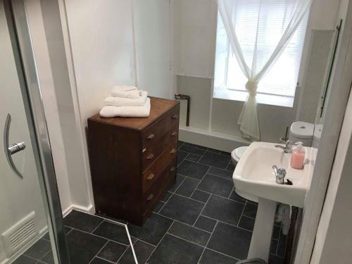 a bathroom with a sink and a toilet and a mirror at Anglesey Arms in Caernarfon