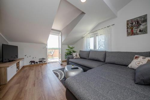 a living room with a couch and a tv at Vila Marija in Rab