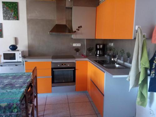 a kitchen with orange cabinets and a sink at Ap-Art in La Seu d'Urgell