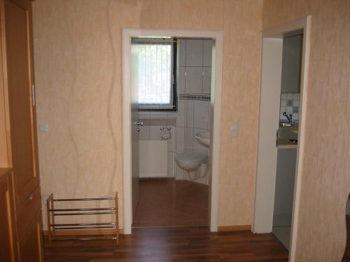 a bathroom with a sink and a toilet and a window at Ferienwohnung Karin Vogel in Hilchenbach