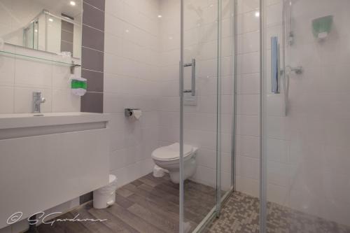 a bathroom with a toilet and a glass shower at Le Matisse Pau Centre in Pau