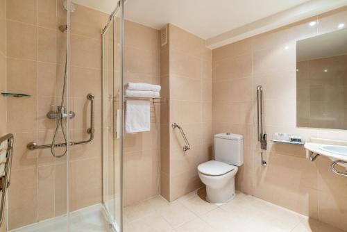 a bathroom with a shower and a toilet and a sink at Exe Puerta San Pedro in Lugo