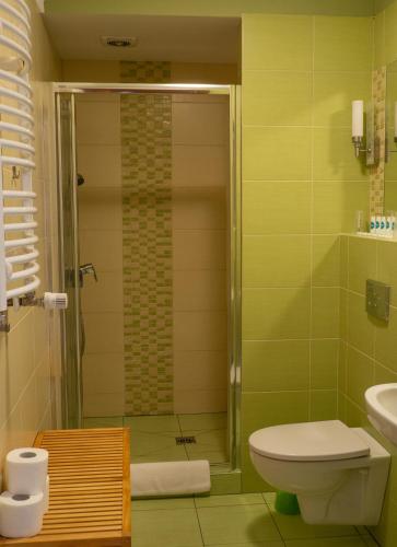 a green bathroom with a toilet and a shower at Folwark Żuławski in Elblag
