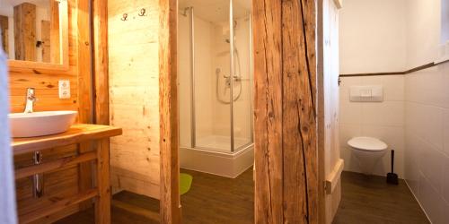 a bathroom with a shower and a sink and a toilet at Haus Bergfelder in Hirschegg