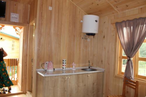 a kitchen with a sink and a window in a cabin at Villa Edemi in Tskaltubo