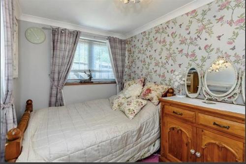 a bedroom with a bed and a dresser and a mirror at Little Croft in Haddenham