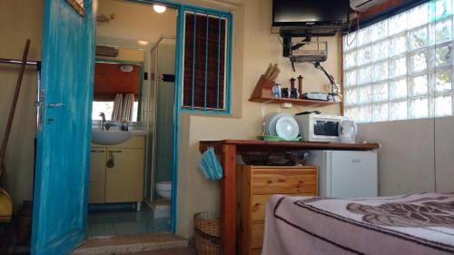 a bedroom with a bed and a sink and a microwave at Desert Peace in Mitzpe Ramon