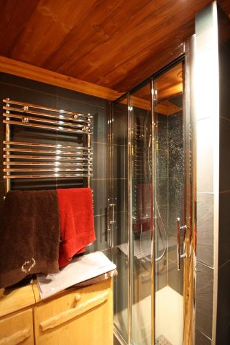 La salle de bains est pourvue d'une douche et d'une cabine de douche en verre. dans l'établissement Appartement duplex de charme hyper centre à Val d'Isère, à Val dʼIsère