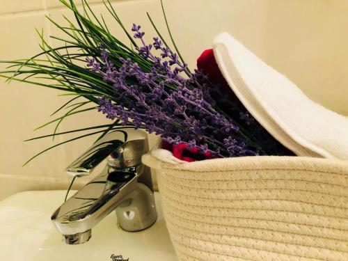 a basket of purple flowers sitting on a bathroom sink at Apartments Aleksandar in Petrovac na Moru