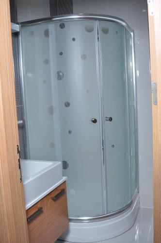 a bathroom with a shower with a glass door at Cebeciler Hotel in Trabzon