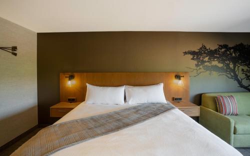 a bedroom with a bed and a green chair at Red Sands Hotel in Torrey