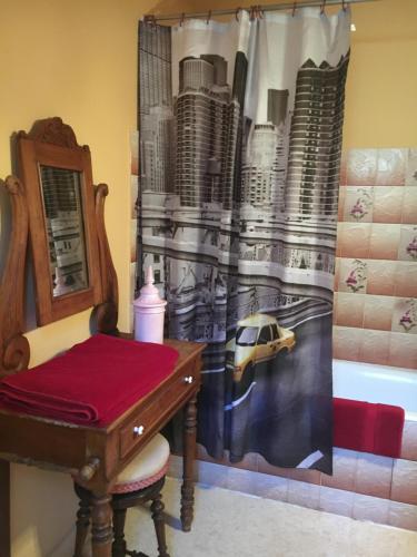 a bathroom with a desk and a shower curtain at Hotel bar b'rock in Saint-Martin-sous-Vigouroux