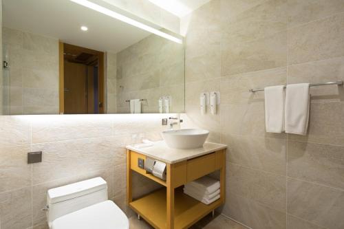 a bathroom with a sink and a toilet and a mirror at Sotetsu Hotels The Splaisir Seoul Dongdaemun in Seoul