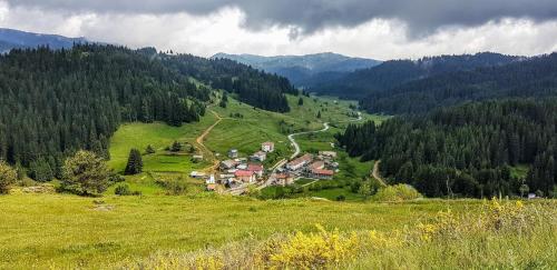 a green hillside with a village in the middle of a field at Къща за гости "Орлец" in Popovo
