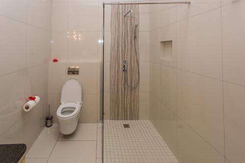 a bathroom with a toilet and a glass shower at Beau Vallon Villa Chalets in Beau Vallon