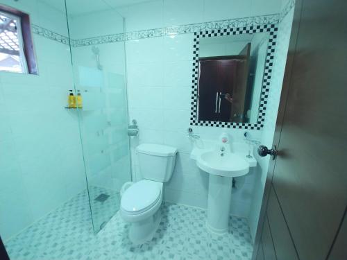 a bathroom with a toilet and a sink and a shower at Mayfair Rodemtree Pension in Pyeongchang 