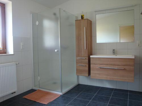 リーブニッツ・ダムガルテンにあるAm Waldessaum 10のバスルーム(シャワー、シンク、鏡付)