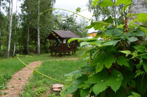 a picnic table and a bench in a park at Парк природи Беремицьке та Парк-готель Лісове Озеро in Beremytske