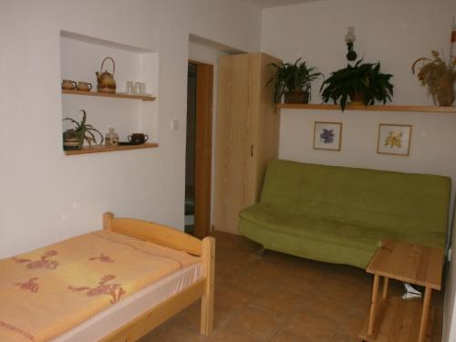 a living room with a couch and a green couch at Penzion Bližanovy in Plánice
