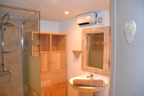 a bathroom with a sink and a shower and a mirror at Le Mathi in Fumel