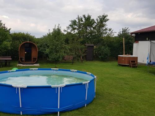 a large blue tub in the grass in a yard at Gospodarstwo Agroturystyczne Antoniewo in Antoniewo
