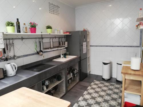 una cocina con 2 lavabos y una barra en Hostel Trotamundos, en Sevilla