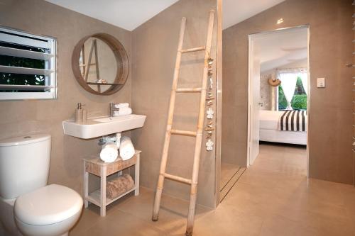 a bathroom with a ladder next to a toilet and a sink at Bathers across the bay from Port Douglas in Newell Beach