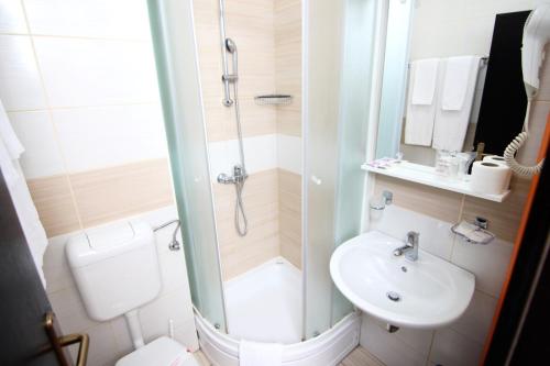 a bathroom with a shower and a sink and a toilet at Hotel Grand in Sarajevo