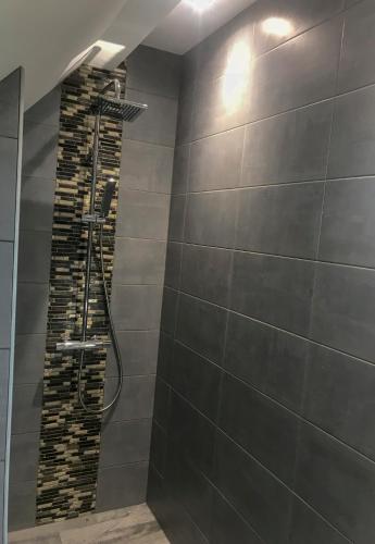 a bathroom with a shower with a stone wall at Le jardin des Arums in Givry