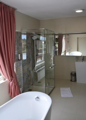 a bathroom with a glass shower and a sink at Hotel Europolis in Tulcea