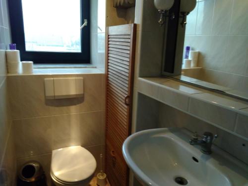 ウッチにあるZajazd Arka 2のバスルーム(洗面台、トイレ付)、窓が備わります。