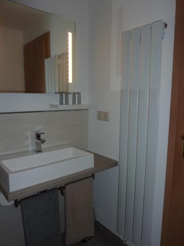 a bathroom with a white sink and a mirror at Ferienwohnung Edelmann in Markersbach