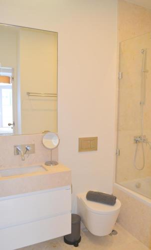 a bathroom with a toilet and a sink and a mirror at TP AURA 19, Swimming Pool, Terrace & View in Lisbon