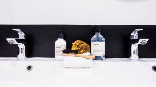 a bathroom sink with two bottles and a toothbrush at Antichambre in Nîmes