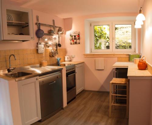 una piccola cucina con lavandino e piano cottura di Appartamento Bosco Fontana a Predazzo a Predazzo