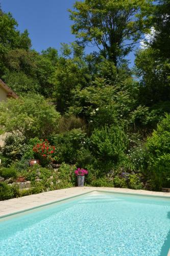 a swimming pool in front of a garden with flowers at Hôtel Le Cro-Magnon in Les Eyzies-de-Tayac