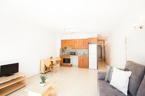 a living room with a couch and a kitchen at Apartaments Les Terrasses del Tarter in El Tarter