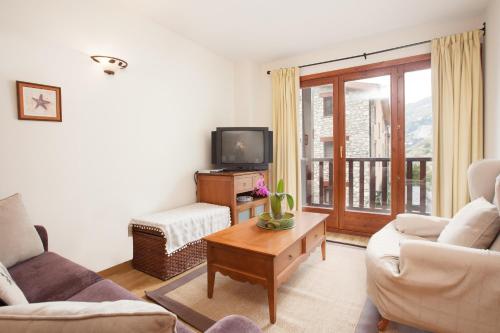 a living room with a couch and a tv at Apartaments Les Terrasses del Tarter in El Tarter