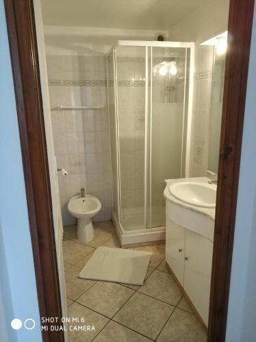 a bathroom with a shower and a toilet and a sink at Les Bananiers in Capbreton