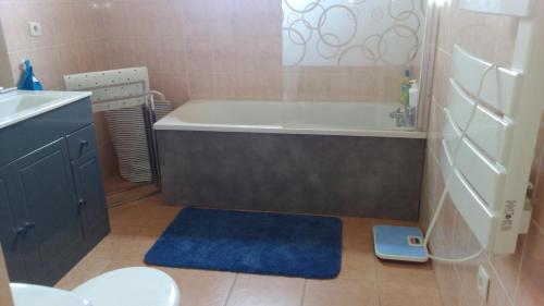 La salle de bains est pourvue d'une baignoire et d'un tapis bleu. dans l'établissement Bio verdon, à Régusse