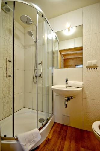 a bathroom with a shower and a sink at Domki Nad Potokiem in Murzasichle