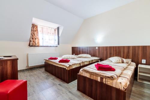 two beds in a room with red pillows on them at Pensiunea Arthur in Râmnicu Vâlcea