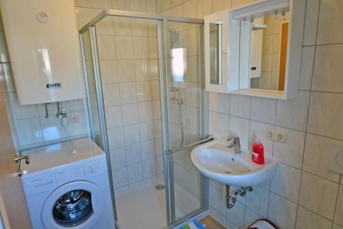 a shower with a sink and a washing machine in a bathroom at Appartement Gombotz in Halbenrain