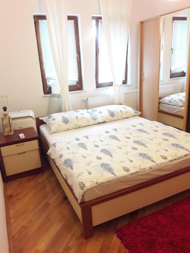 a bedroom with a bed and two windows at Farah Superior Apartments in Bihać