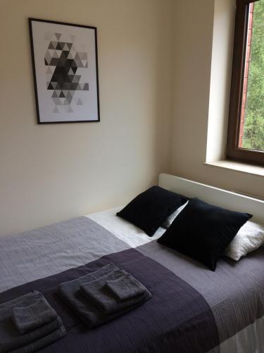 a bedroom with a bed with two pillows on it at Apartament Fibra Latte in Rybnik