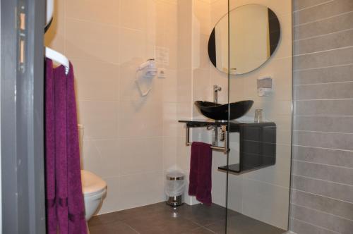 a bathroom with a toilet and a sink and a mirror at The Originals City, Hôtel des Arts, Montauban in Nègrepelisse
