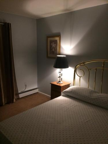 a bedroom with a bed and a lamp on a table at Cozy and Quiet in Queens