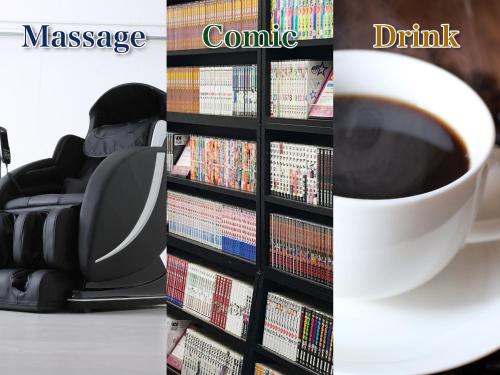 a cup of coffee next to a shelf of dvds at Hotel Abest Nagano Ekimae in Nagano